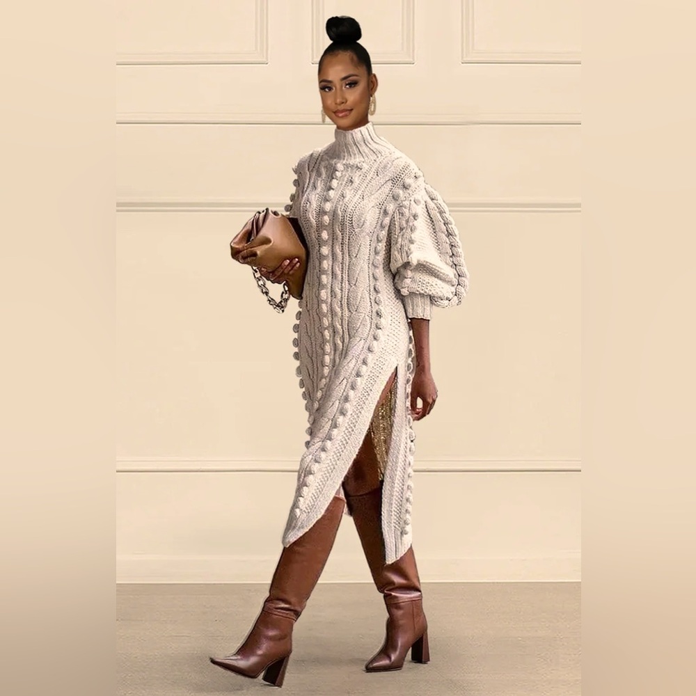 🆕Loragal Knit Turtleneck Sweater Long Bell Sleeve Slit Midi Dresses Cream Size L